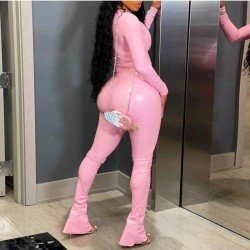  PU Tight Pure Color Top And Trouser Sets