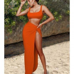 Sexy Pure Color Crop Tank Top And Long Skirt Sets