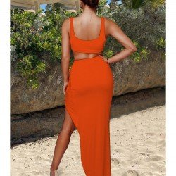 Sexy Pure Color Crop Tank Top And Long Skirt Sets