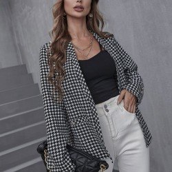 Houndstooth V Neck Long Sleeve Women Coats