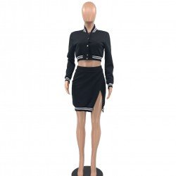 Ladies Slit Short Skirt And Baseball Coat Sets