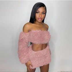 Sexy Pink Plush Crop Top Two-Piece Skirt Set