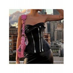 Punk Style Black Leather Zip Strapless Tops Punk Style Black Leather Zip Strapless Tops