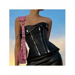 Punk Style Black Leather Zip Strapless Tops Punk Style Black Leather Zip Strapless Tops