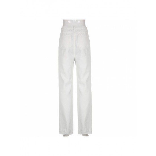 Ladies White Tassel Solid Straight Leg Jean Trousers