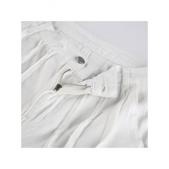 Ladies White Tassel Solid Straight Leg Jean Trousers