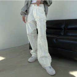 Ladies White Tassel Solid Straight Leg Jean Trousers