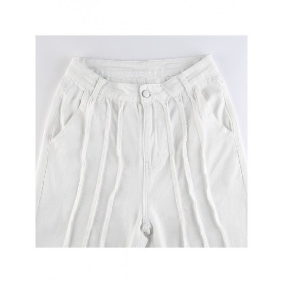 Ladies White Tassel Solid Straight Leg Jean Trousers