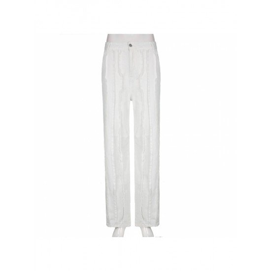 Ladies White Tassel Solid Straight Leg Jean Trousers