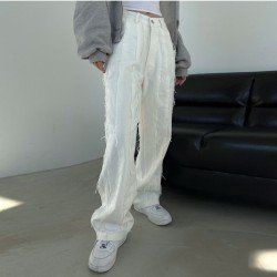 Ladies White Tassel Solid Straight Leg Jean Trousers