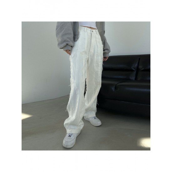 Ladies White Tassel Solid Straight Leg Jean Trousers