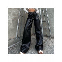 Letter Printed Black Leather Straight Leg Trousers Letter Printed Black Leather Straight Leg Trousers