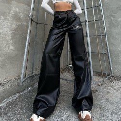 Letter Printed Black Leather Straight Leg Trousers