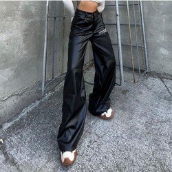 Letter Printed Black Leather Straight Leg Trousers