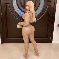  PU Pure Color Top And Trouser Women's Sets