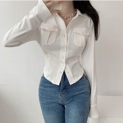 Pockets White Long Sleeve Ladies Blouse