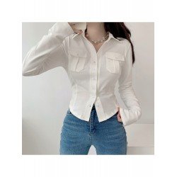 Pockets White Long Sleeve Ladies Blouse Pockets White Long Sleeve Ladies Blouse