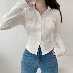 Pockets White Long Sleeve Ladies Blouse