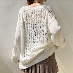  Simple Pure Color Hollowed Out V-Neck Loose Top