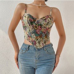  Retro French Flower Zipper Backless Sleeveless Vest