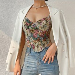  Retro French Flower Zipper Backless Sleeveless Vest