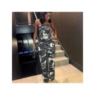 Printed Black Strapless Straight Leg Jumpsuits