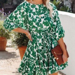  Women's Round Neck Floral Long Sleeve Dress