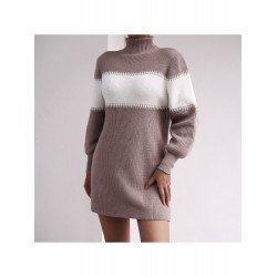 Casual Contrast Color Turtle Neck Knitted Dress  Casual Contrast Color Turtle Neck Knitted Dress