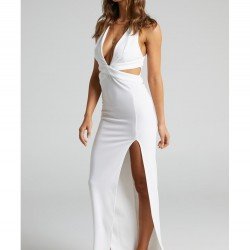 Ladies White Backless Sleeveless Slit Maxi Dress