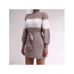Casual Contrast Color Turtle Neck Knitted Dress  Casual Contrast Color Turtle Neck Knitted Dress