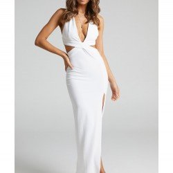 Ladies White Backless Sleeveless Slit Maxi Dress