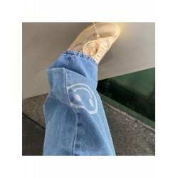 Smile Face Printed Denim Wide Leg Jean Trousers Smile Face Printed Denim Wide Leg Jean Trousers