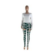 Ripped Plaid White T Shirts And Trouser Sets