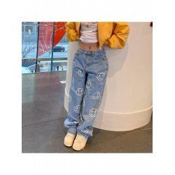 Smile Face Printed Denim Wide Leg Jean Trousers Smile Face Printed Denim Wide Leg Jean Trousers