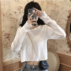 Fall White Stringy Selvedge Long Sleeve Cropped Tops
