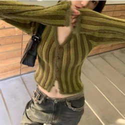  American Retro V-Neck Contrast Color Cardigan Sweater