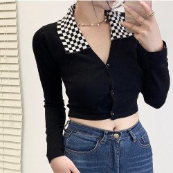 Grid Patchwork Button Up Cropped Tops For Women