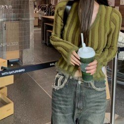  American Retro V-Neck Contrast Color Cardigan Sweater