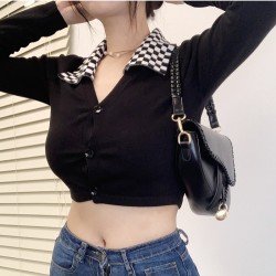 Grid Patchwork Button Up Cropped Tops For Women