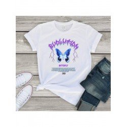 Butterfly Pattern White Summer Ladies T Shirts