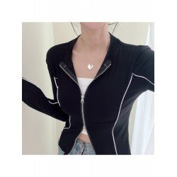 Patchwork Zip Stand Collar Women Top Coats Patchwork Zip Stand Collar Women Top Coats