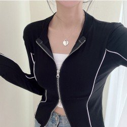 Patchwork Zip Stand Collar Women Top Coats