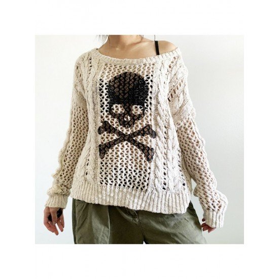  2024 Crew Neck Skull Hollowed Out Women's Sweater