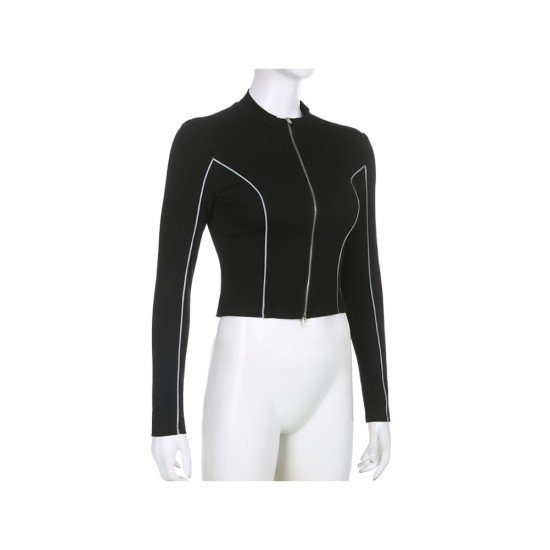 Patchwork Zip Stand Collar Women Top Coats
