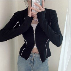 Patchwork Zip Stand Collar Women Top Coats