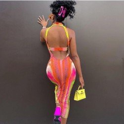  Sexy Contrast Color Print Backless Sleeveless Dress