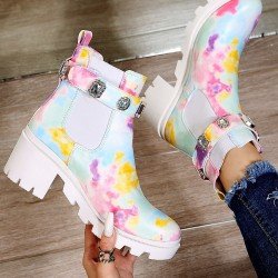 Tie Dye Zircon Chunky Boots For Women