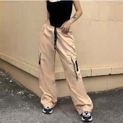 Pockets Contrast Color Loose Straight Leg Cargo Trousers