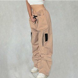 Pockets Contrast Color Loose Straight Leg Cargo Trousers
