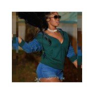 Green Blue Color Blocking Hooded Collar Women Coats